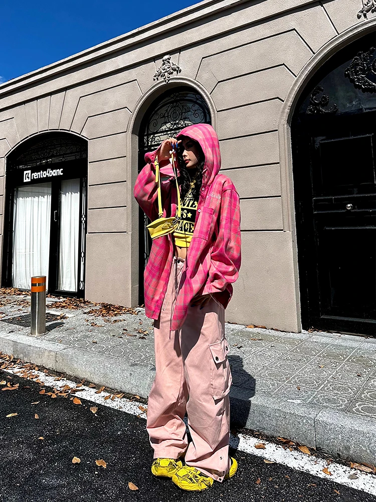 

Street Sle Plaid irt Women's Spring Autumn Loose Coat Pink Hooded Button up Breathable Polyester Long Sve Ne