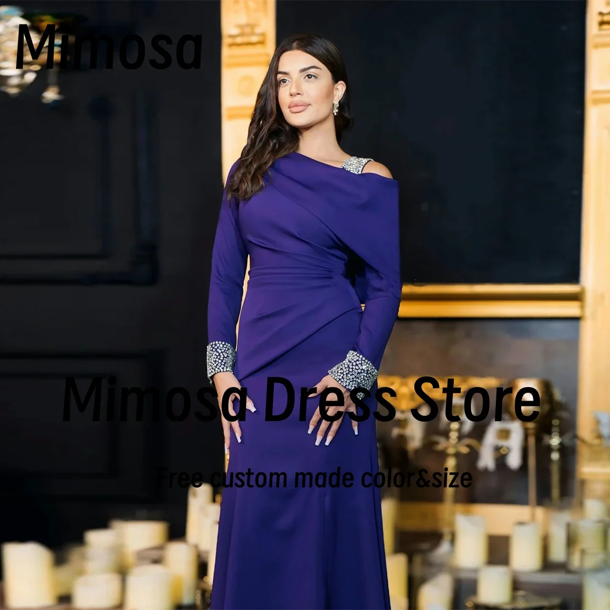 Mimosa Purple Ruched Side Slit Prom Dresses Beaded Long Sleeves Evening Gowns Zipper Back Formal Occasion Dress Customized