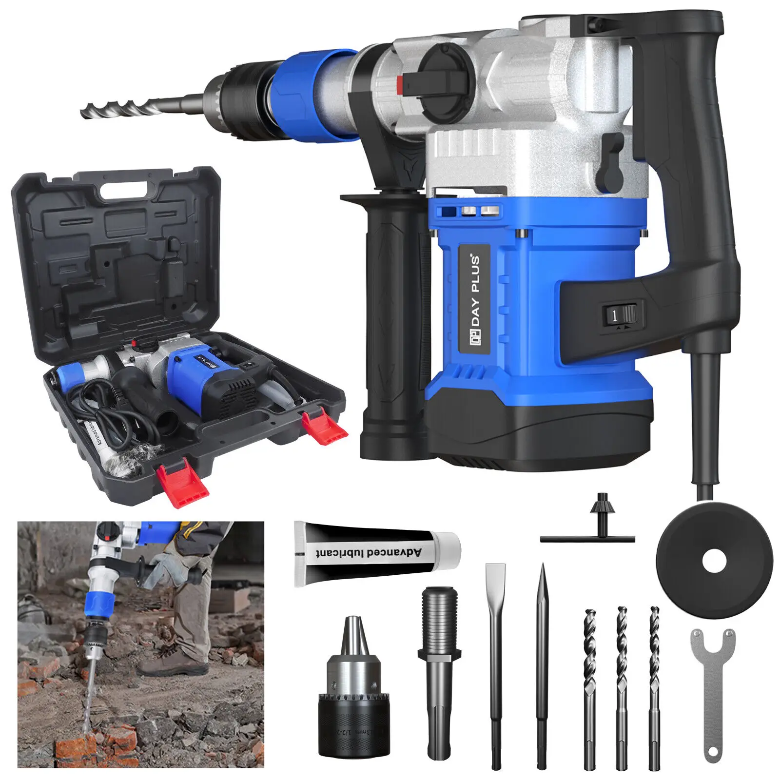 Marteau perforateur rotatif électrique, outil de démolition SDS Plus, ensemble d'outils de perçage de béton, vitesse réglable, perçage à percussion/perçage/rotation/ciselage/serrage de ciseaux