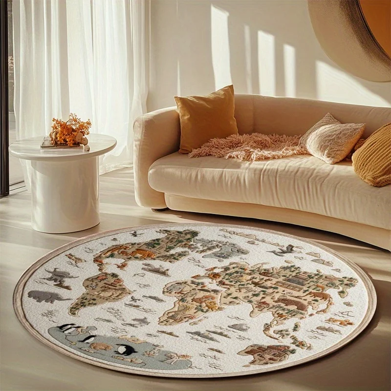 World Map Round Area Rug, Educational Geography Non Slip Circle Carpet, Washable Living Room Bedroom Mat