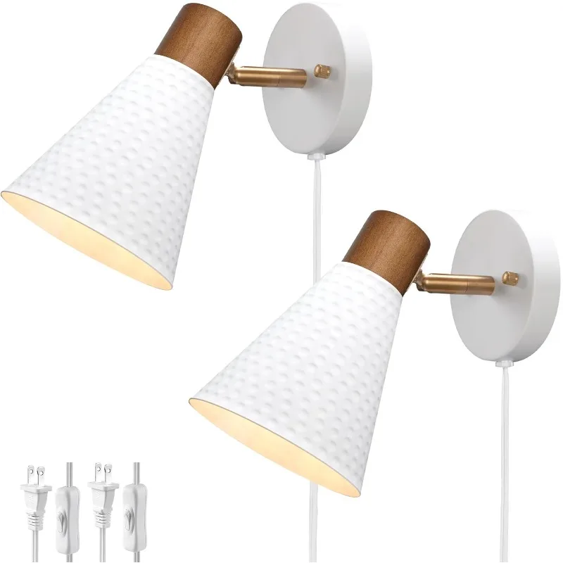 

Plug in Wall Sconces Set of 2, Modern Wall Light with Plug in Cord, Wooden Plug in Wall Lamps with Hammered Metal Shade,