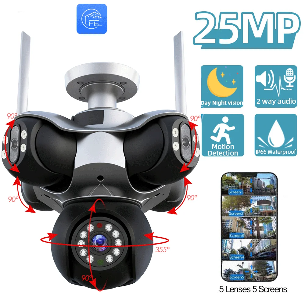 25MP 4K Wifi Panoramic Security Camera Outdoor 5 Lens 5 Screens Auto Tracking Wireless PTZ CCTV Video Surveillance Camera System