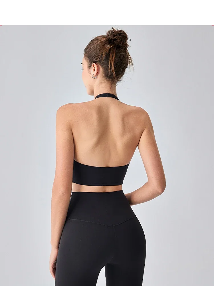 Women's Sexy Backless Padded Sports Bra Fixed chest pad Halter Neck Comfort Bare Navel Top Running Fitness Outdoor Sports Vest