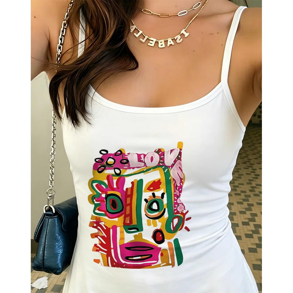 Trendy Bold Abstract Face Graphic Sleeveless Cami Top Women Slim Fit Tank Top Cool Art Vibe For Casual Hangout And Holiday Look