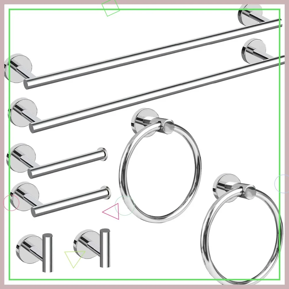

8 Piece Polished Chrome Bathroom Hardware Set, 24" Towel Bar+Towel Ring+Toilet Paper Holder+Hook, SUS304 Stainless Steel