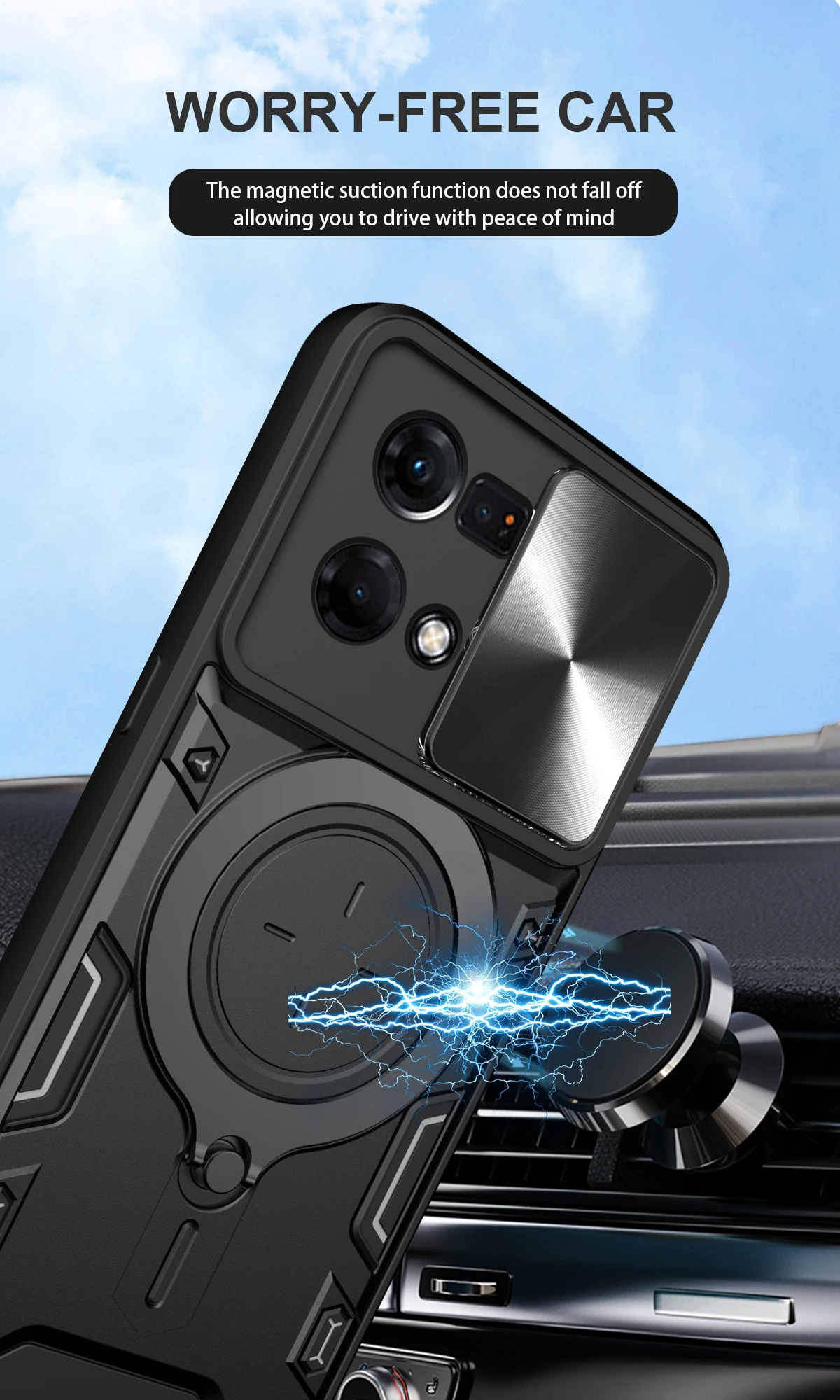 Luxury Slide Camera Case for Oppo Reno7 4G CPH2363 Car Mount Magnetic Holder Shockproof Soft Edges Hard Phone Cover OppoReno7 4G