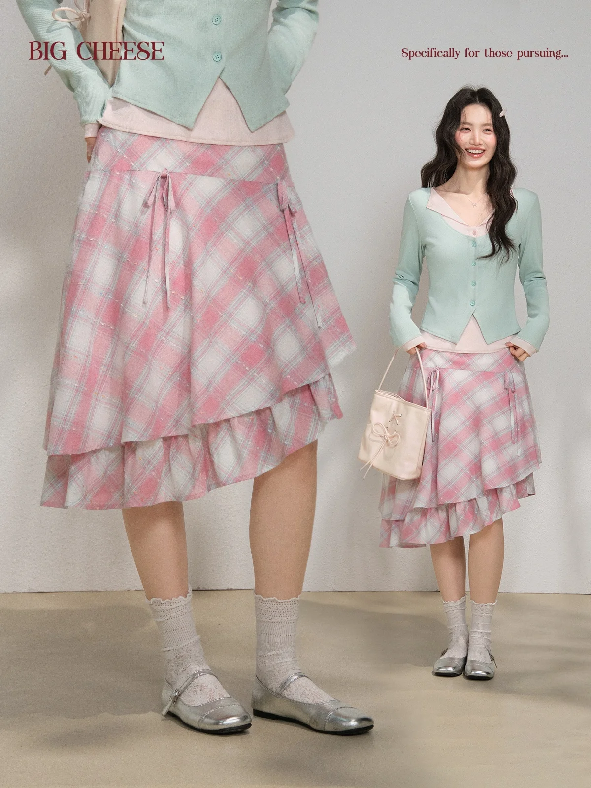 

Sweet High Waist A-Line Skirt with Che Pattern And Tie Spring Commuter Korean Sle Polyester Blend