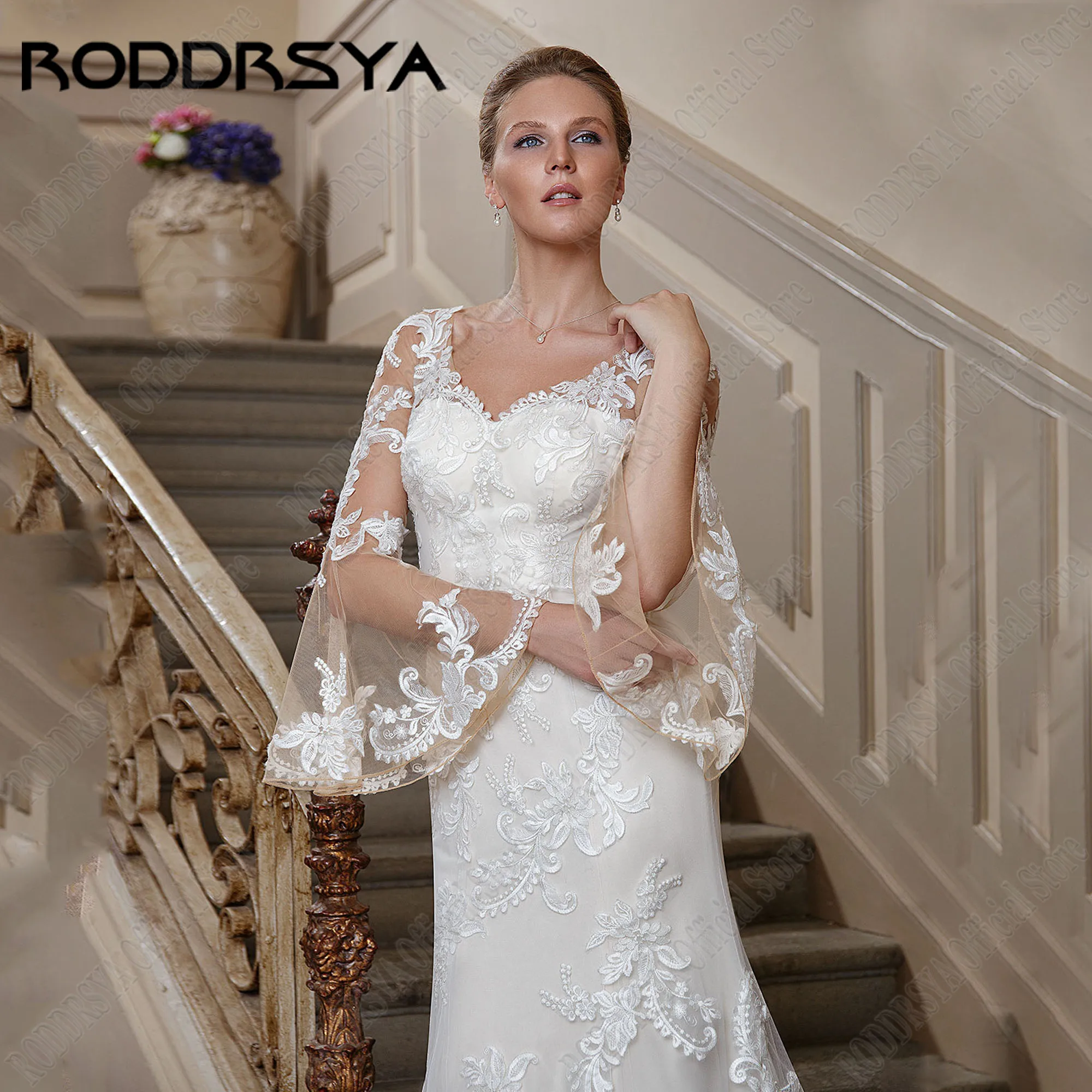 RODDRSYA abiti da sposa in pizzo con scollo a v a sirena personalizzati maniche svasate Applique Button Back Robe De Mariée abiti da sposa di lussoRODRSYA Personalizzato Mermaid V-Neck Pizzo Abiti da sposa Flare Manich