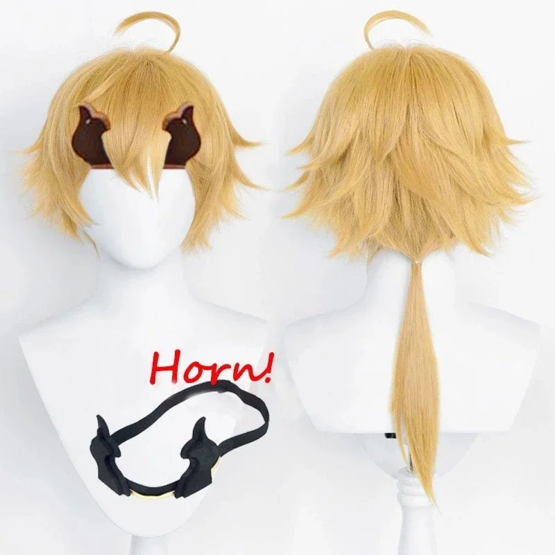 Genshin Impact Thoma-Peluca de Cosplay, pelo de cola de caballo largo amarillo con cuerno, pelucas Genshin Coser + gorro de peluca gratis