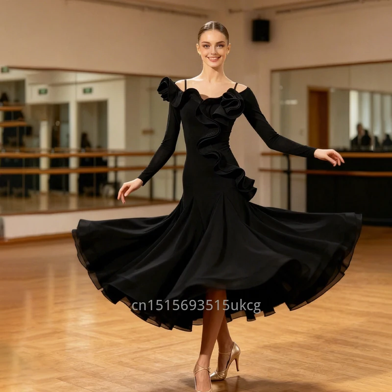 

Modern Dance Practice Dress Social Dance Off-shoulder Slim Long Sleeve Fishbone Large Swing Dress Women Ballroom Dance Clothing