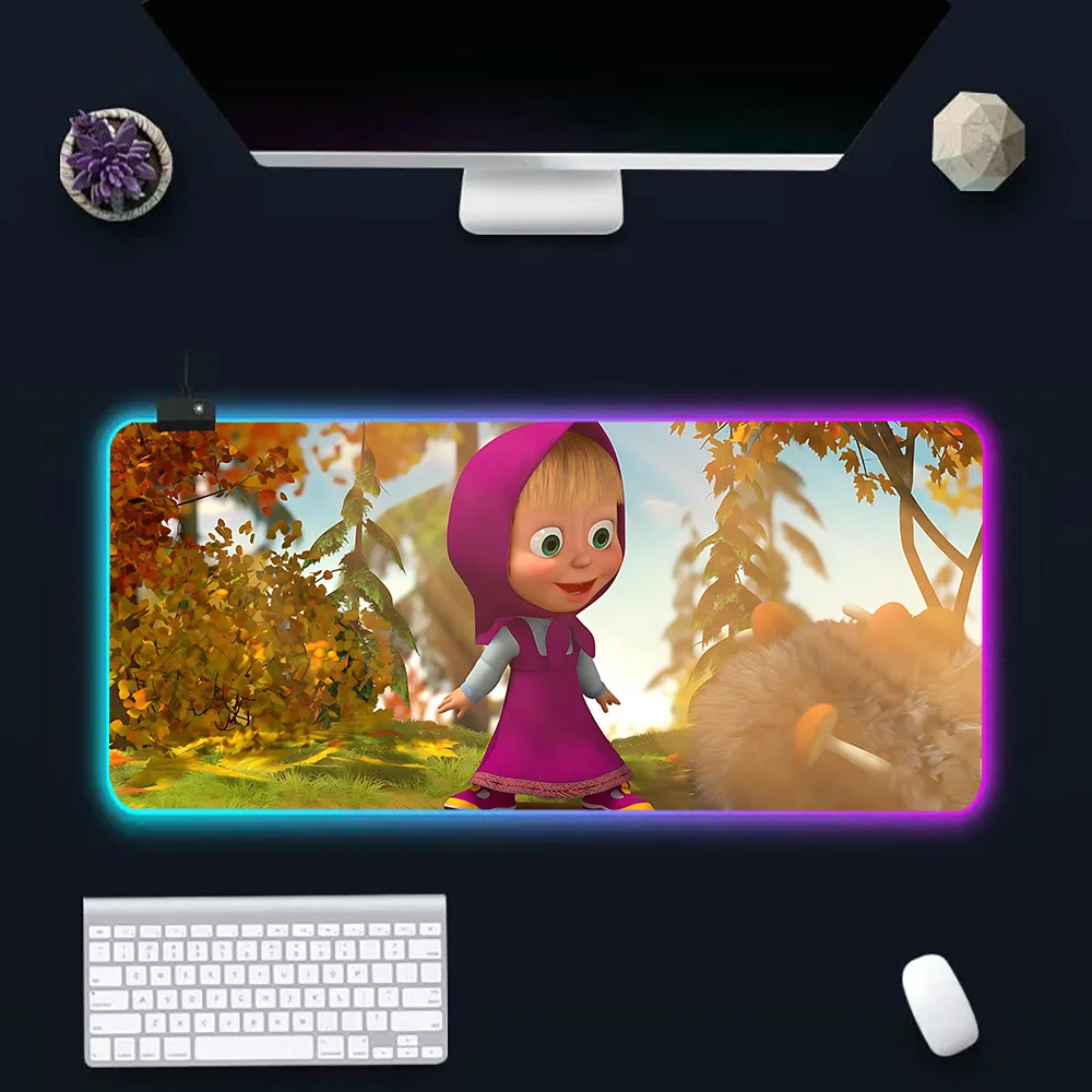 Hot Anime Masha and the Bear RGB Pc Gamer Keyboard Mouse Pad Mousepad LED Glowing Mouse Mats Rubber Gaming Computer Mausepad