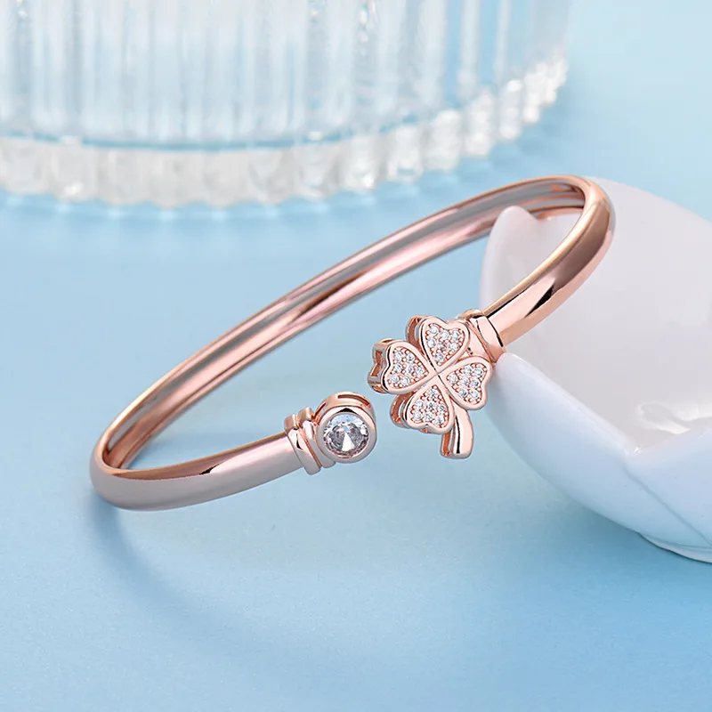 999 pure silver four leaf clover diamond inlaid open bracelet design, high-end and fashionable women's bracelet gift wholesale