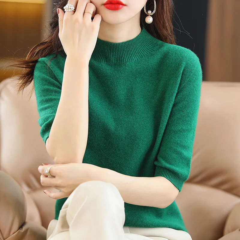 Summer Cashmere Sweater Women Solid Short Sleeve Pullovers Jumper Knitted Sweaters