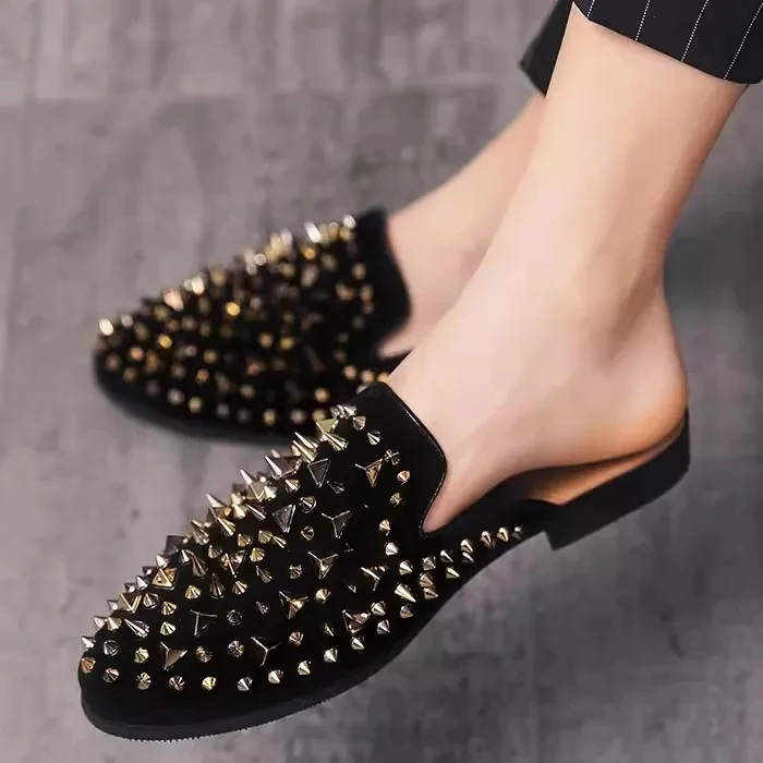 

Men's Rivet Pointed Toe Flats Casual Loafers Gold Water Drill Nail Half Shoes Comfortable Flat Footwear for Casual Wear