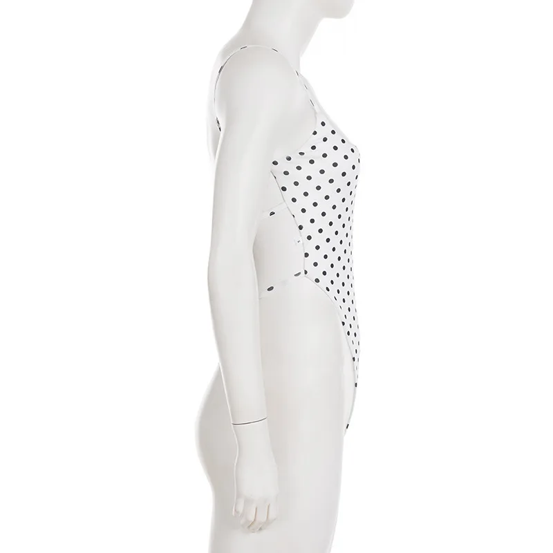 Spicy girl style black white polka dot print contrasting color hollow out backless strap sexy slim fit jumpsuit