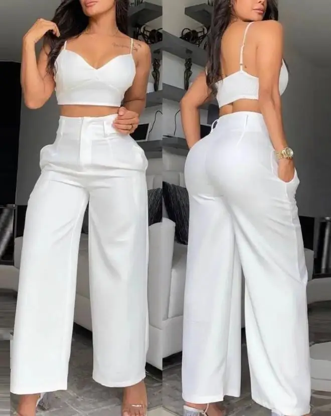 Dwuczęściowy zestaw damski Letnia moda Spaghetti Strap Crop Cami Top & Casual Pocket Design High Waist Wide Leg Pants Set