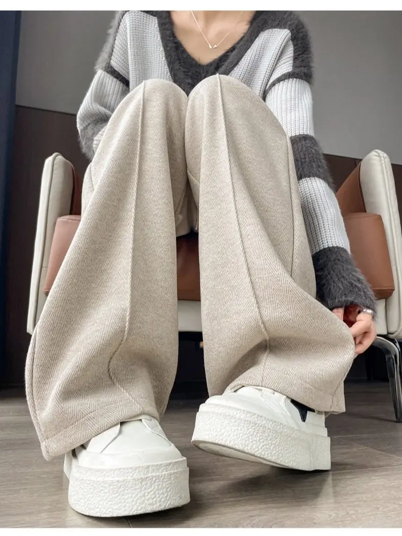 

Женские широкие брюки Deep ey Fce с подкладкой, осенне-зимние, новые, с высокой талией, свободные, стройнящие, повседневные, утепленные, прямого кроя