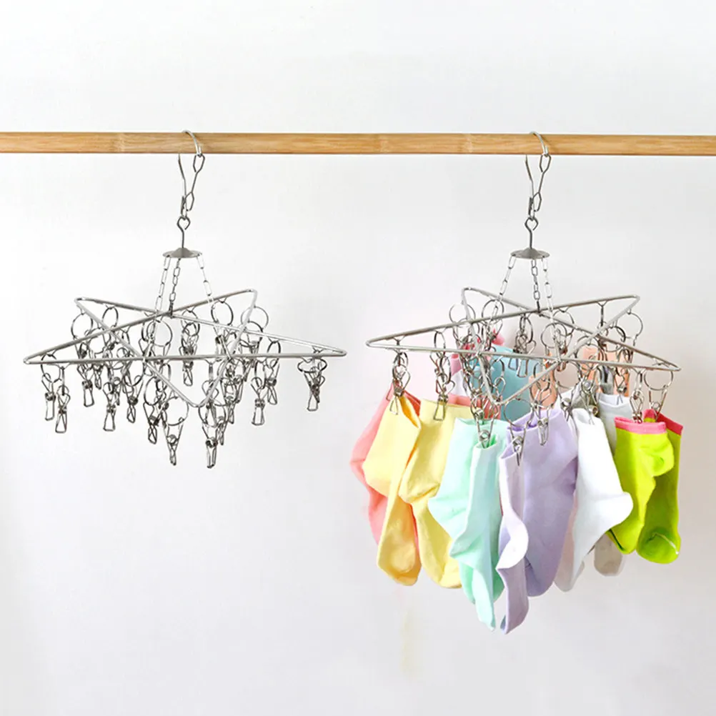 1Pcs Star Shape Socks Drying Rack Creative Laundry Hanger 30 Clips Multi-Use Sock Rack Underwear Bra Panties Stainless Steel