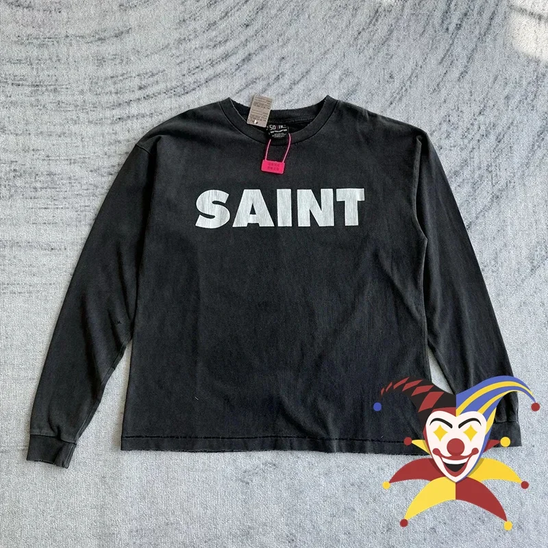 Vintage Washed Black Saint Long Sleeved T-Shirt Men Women Classic Crack Logo Print Oversized T Shirt Top Tee