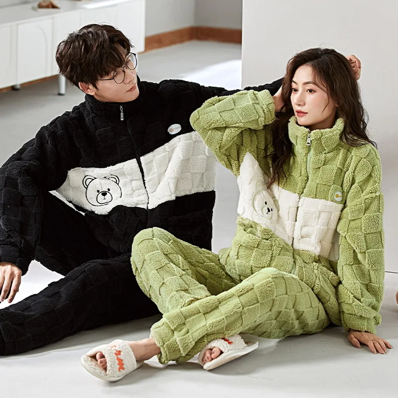 

Autumn and Winter Couple Pajamas Thickened Coral Fleece Female Models Cartoon Winter Facecloth Men's Home Clothing Zipper Suit