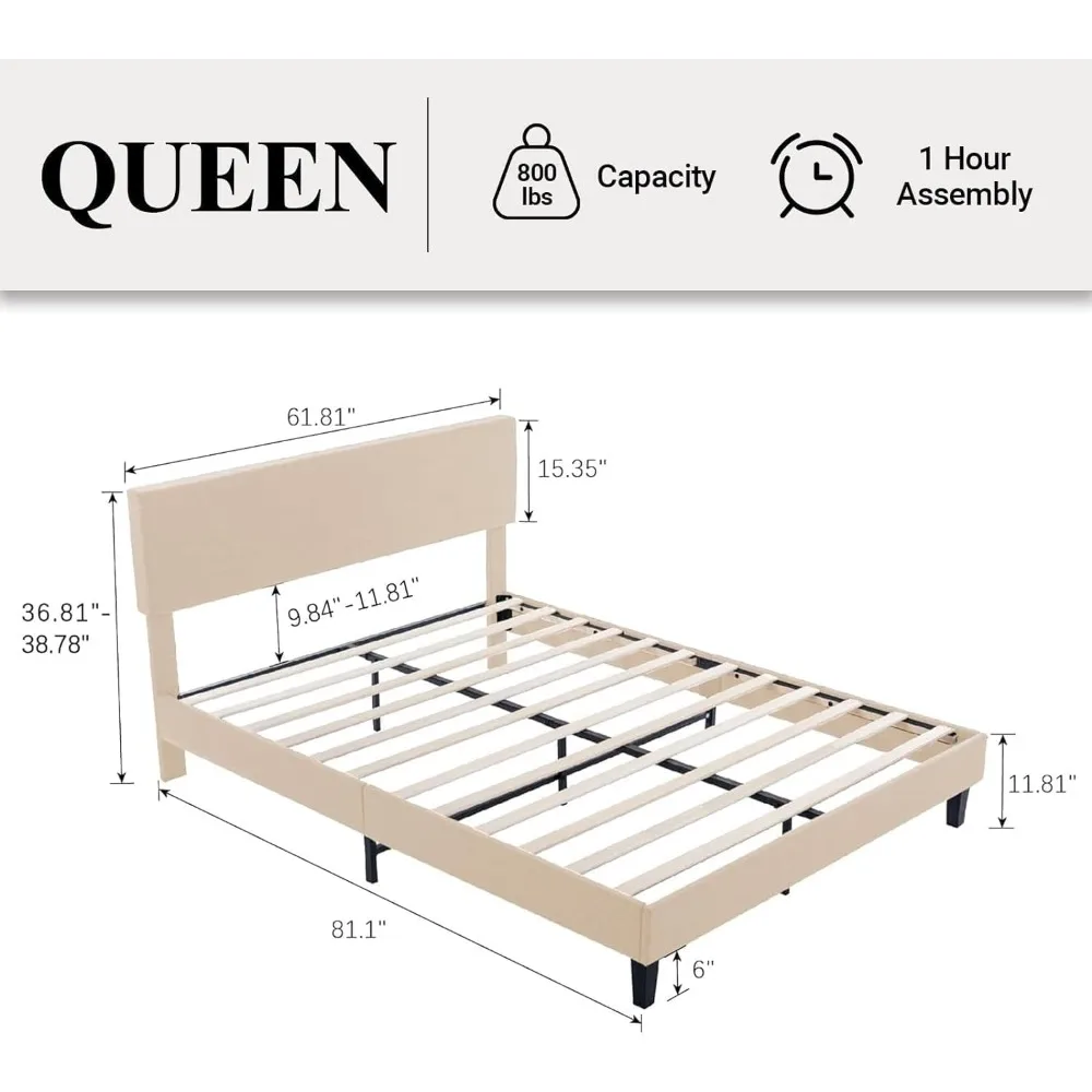 Queen Size Bed Frame with Adjustable Headboard Linen Fabric Upholstered, No Box Spring Needed, Sturdy Wood Slat Support,Beige