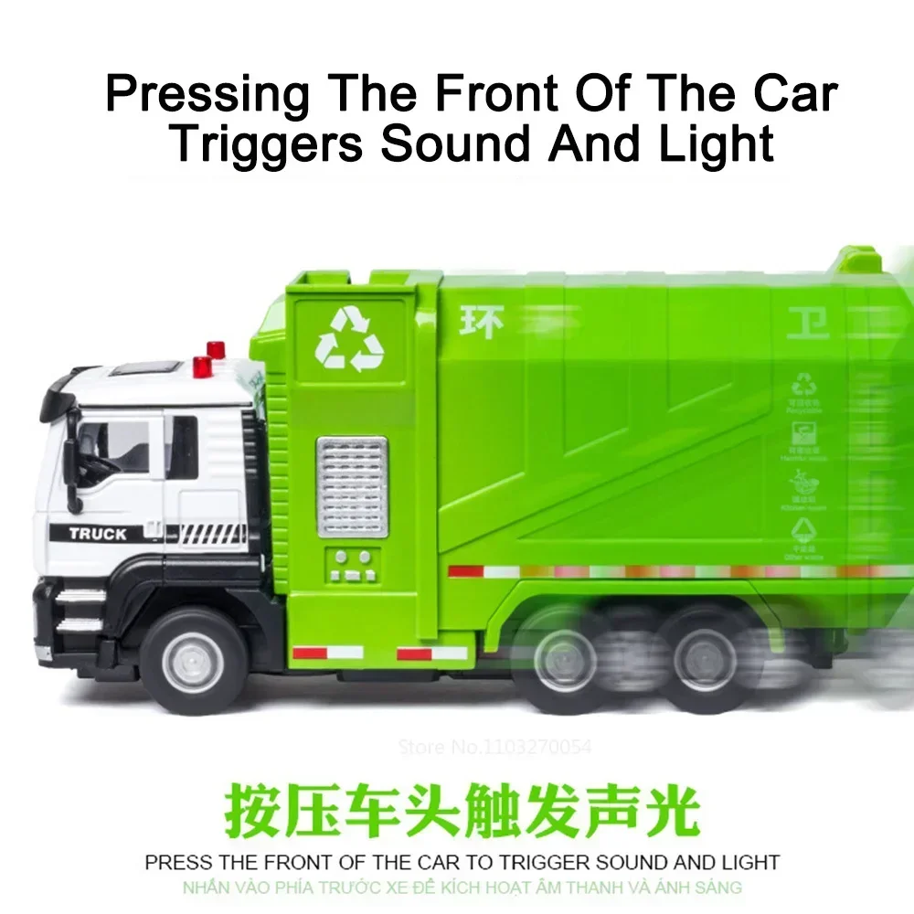 1/50 Sanitation Truck Model Car Toy Alloy Diecast Sprinkler Truck Rubber Tires Sound Light Pull Back Toys Festival Gift for Kids