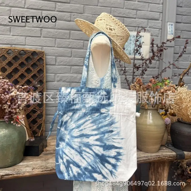 2026 Yunnan Tie-Dye Blue and White Canvas Tote Bag Traditional Ethnic Style Drawstring Shoulder Bag