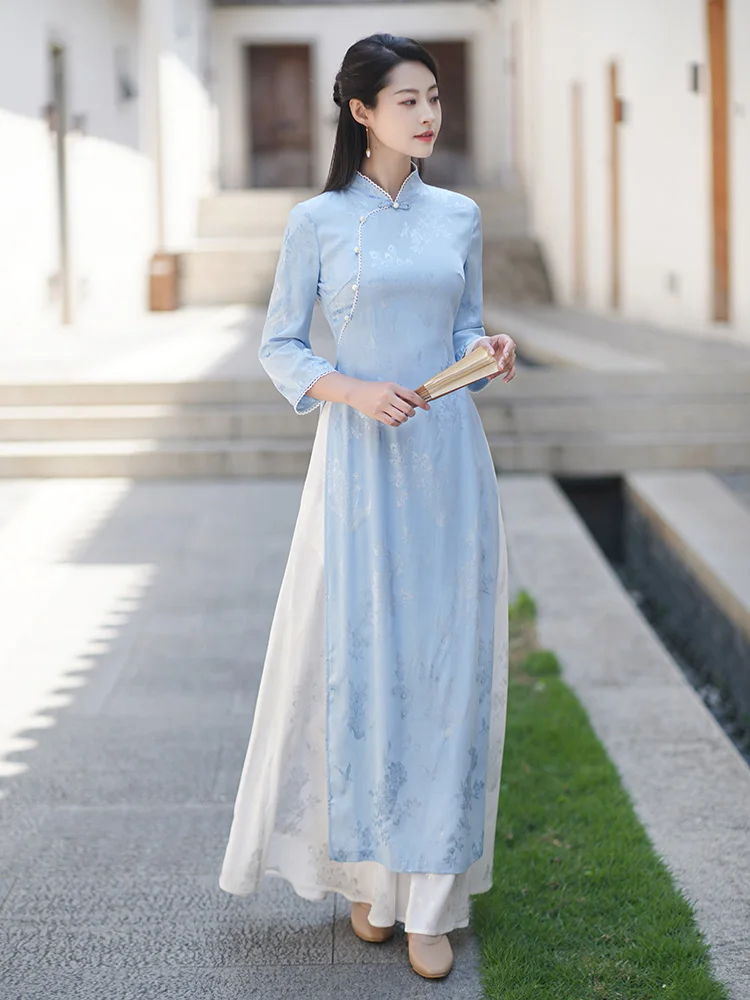 

Синий китайский костюм-двойка для женщин: ретро-комплект с высококачественной вышивкой, летняя новинка, модный женский наряд