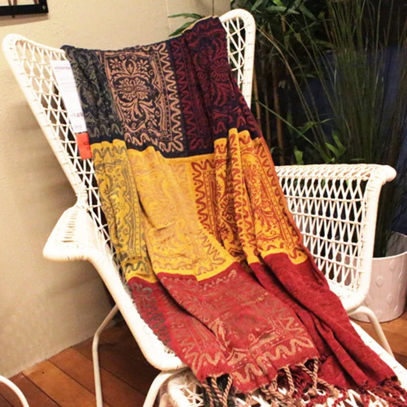 Blankets Mediterranean American Chenille Sofa Cushion Colorful Bohemian Chenille Plaids Sofa Large Cobertor Blanket With Tassel 5
