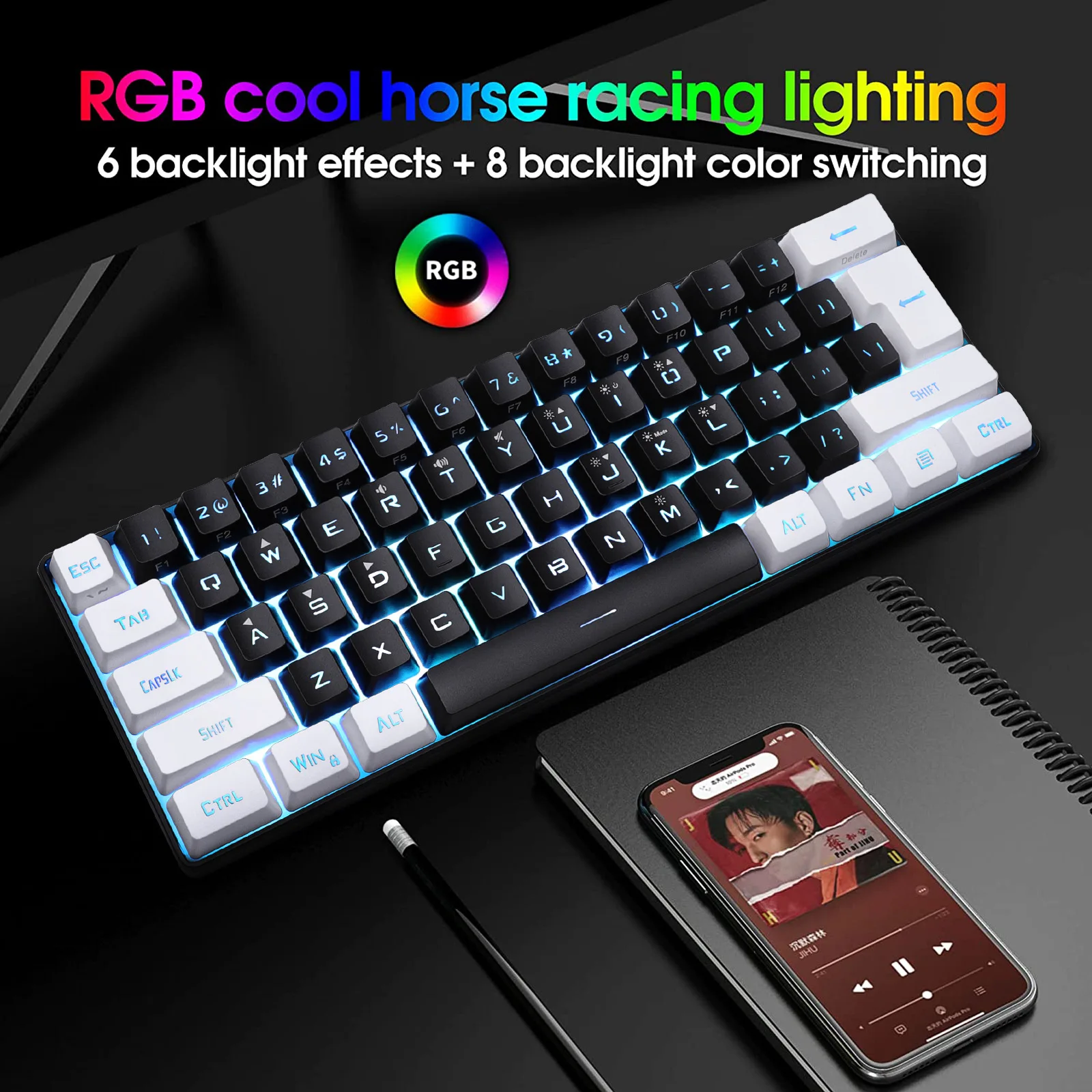 Keyboard game dengan kabel, Keyboard berkabel 61 tombol RGB ringan Mac Windows