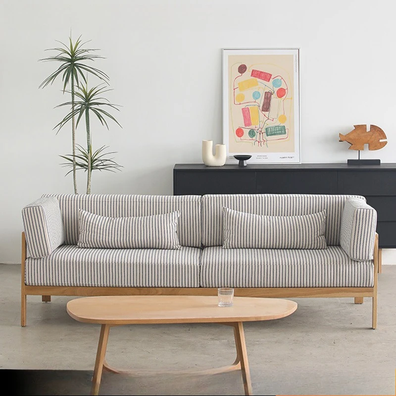

Japanese-style medieval solid wood classic striped cotton and linen fabric sofa designer large and small apartment bed and break
