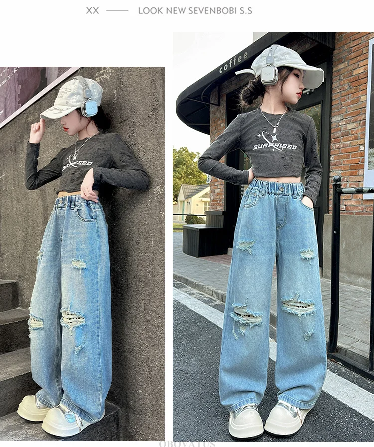 Zerrissene Jeans für Mädchen, Frühlingsmode, Löcher, Kinder, Ripped Pants, elastische Taille, Kinderkleidung für Teenager, koreanische Jeanshosen – Detail 6