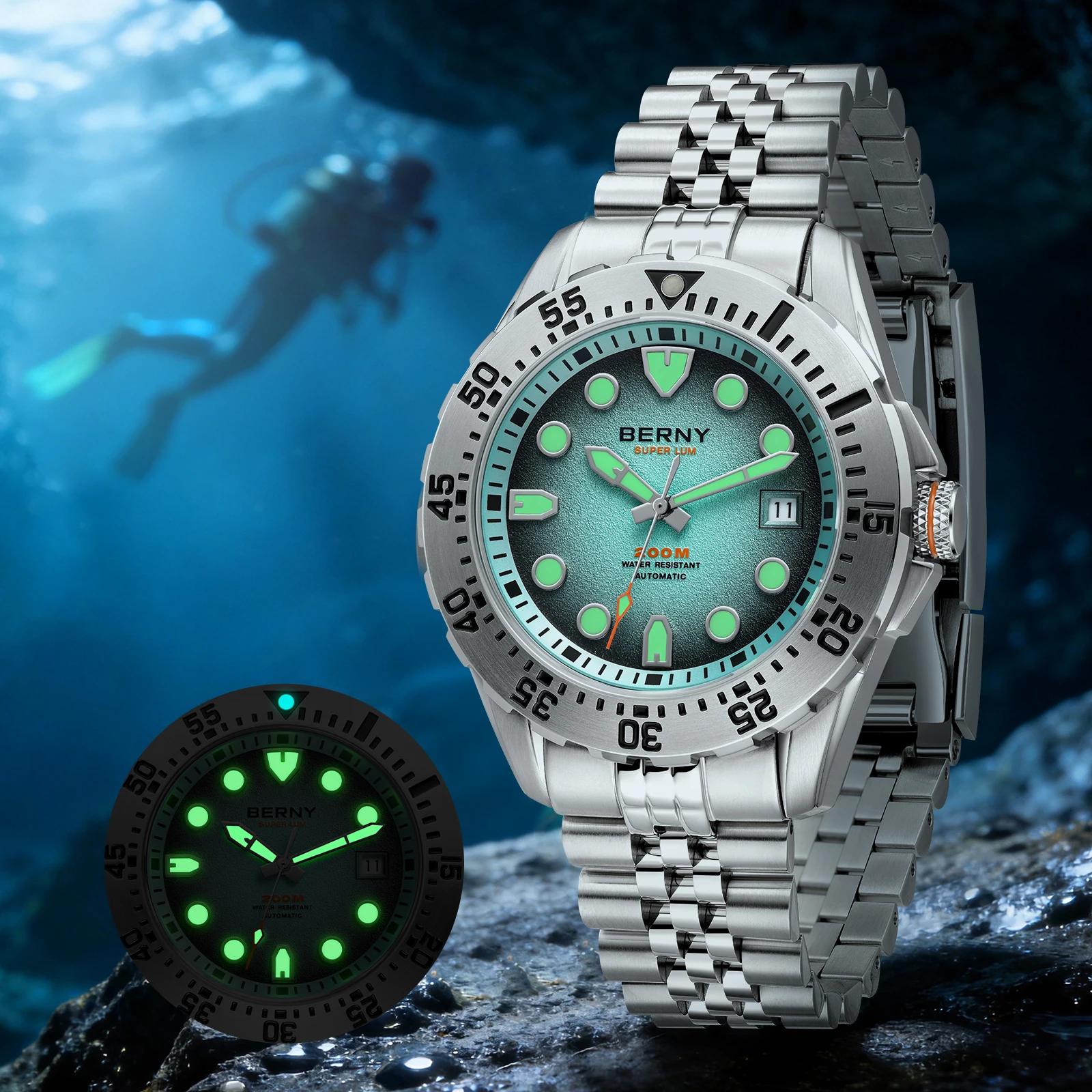 BERNY 20ATM Automatic Diver Watch for Men MIYOTA 8215 Top Accuracy 316L Steel Supper Luminous Sapphire AR Men's Diving Watches