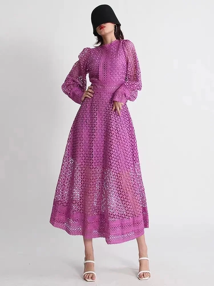 Embroidery Lace Evening Dresses Women 2023 Summer Autumn Hollow Out Long Sleeve Midi Party Vestidos Fashion Runway