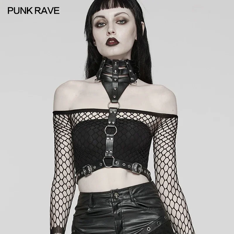 

PUNK RAVE Women's Punk Standing Collar Cool PU Leather Choker Harness Cosplay Halloween Black Sexy Accessories