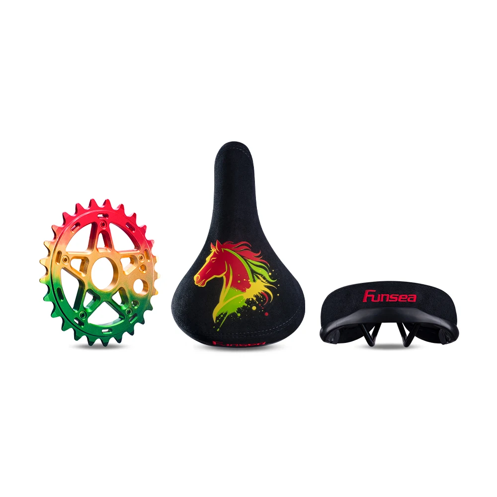 Funsea Limited Edition Bike Saddle Silicon Printing Rasta Horse 25T Alloy Sprocket Anodizing Bicycle Seat Wheelie Stunt