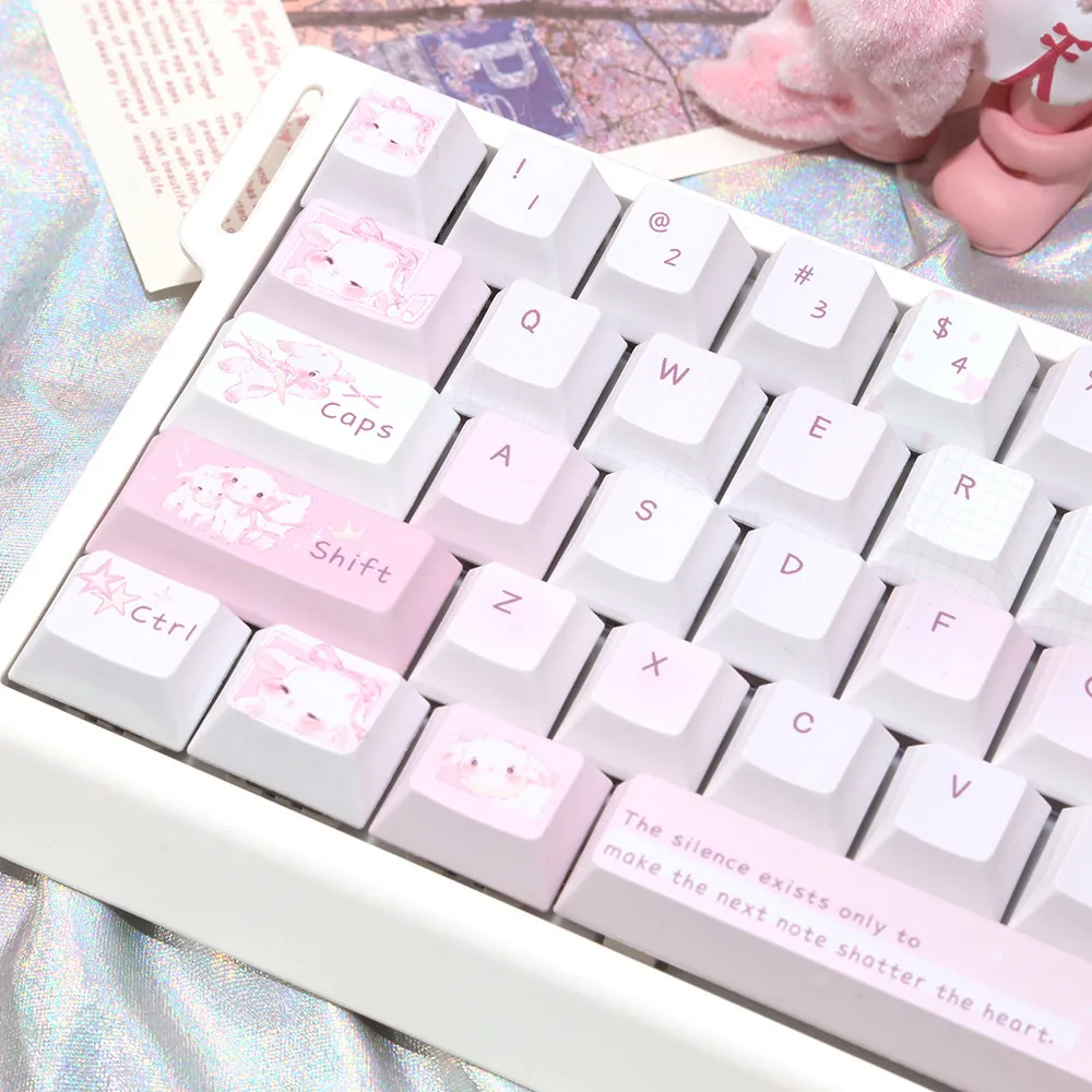 Kawaii Pink Sheep PBT Keycaps 129 Keys Five-sided Sublimation Cherry Profile Cute Anime Keycaps for 68//87/98/104/108 Layout