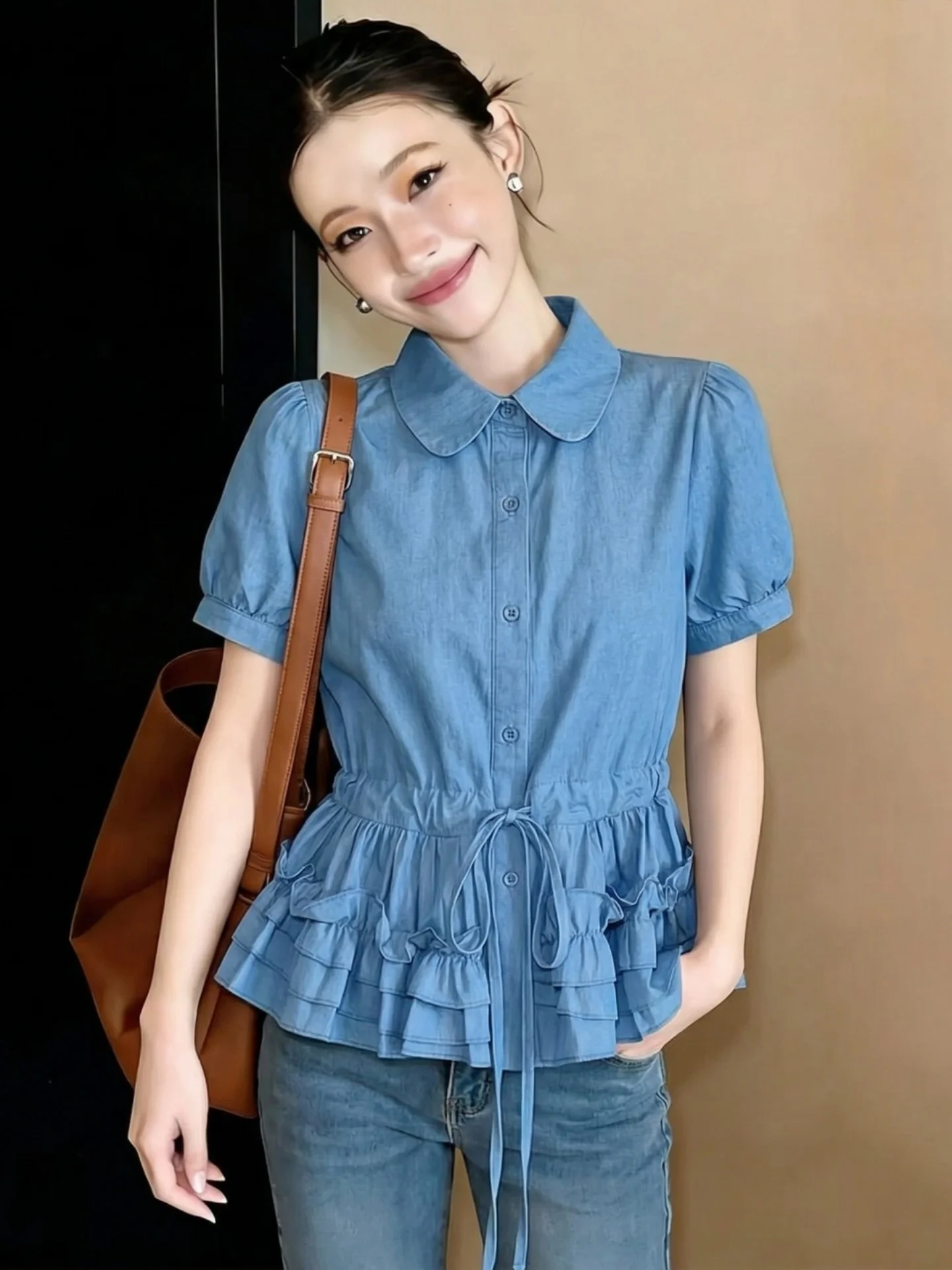 

Collar Bubble Short Sleeve Women's Shirt Summer 2026 plus Size Flattering Skirt Hem Lace Trim Top Korean Style Casual Wear