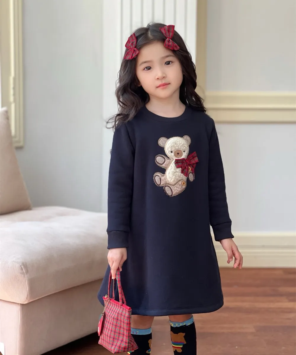 fall winter baby girls clothes kids dress Cartoon teddy bear pattern girls\' long sleeved dress Velvet warm dress