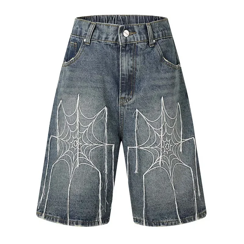 Spider web denim shorts couple American high street straight wide leg hip-hop handsome retro loose casual new five-quarter pants