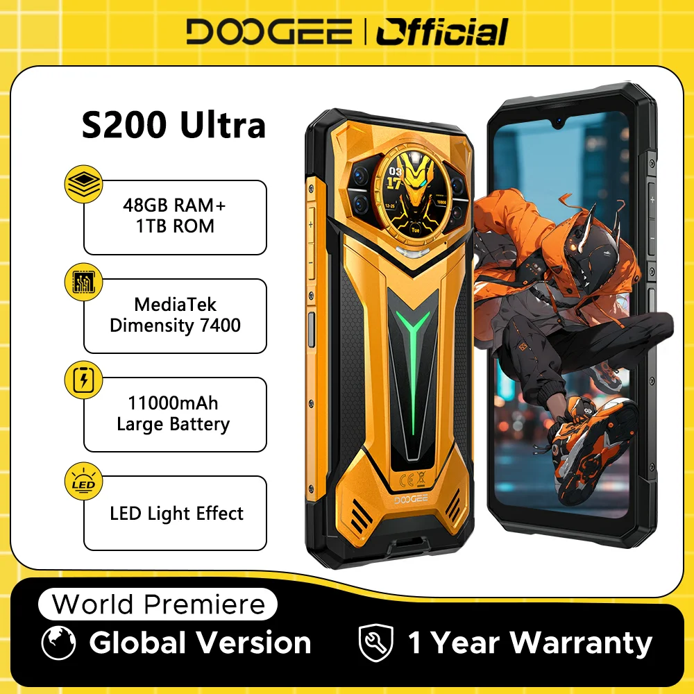 DOOGEE S200 Ultra 5G Rugged Phone 48GB+1TB Dimensity 7400 11000mAh Battery 66W 6.72” FHD+120Hz Breathing Light NFC Smartphone