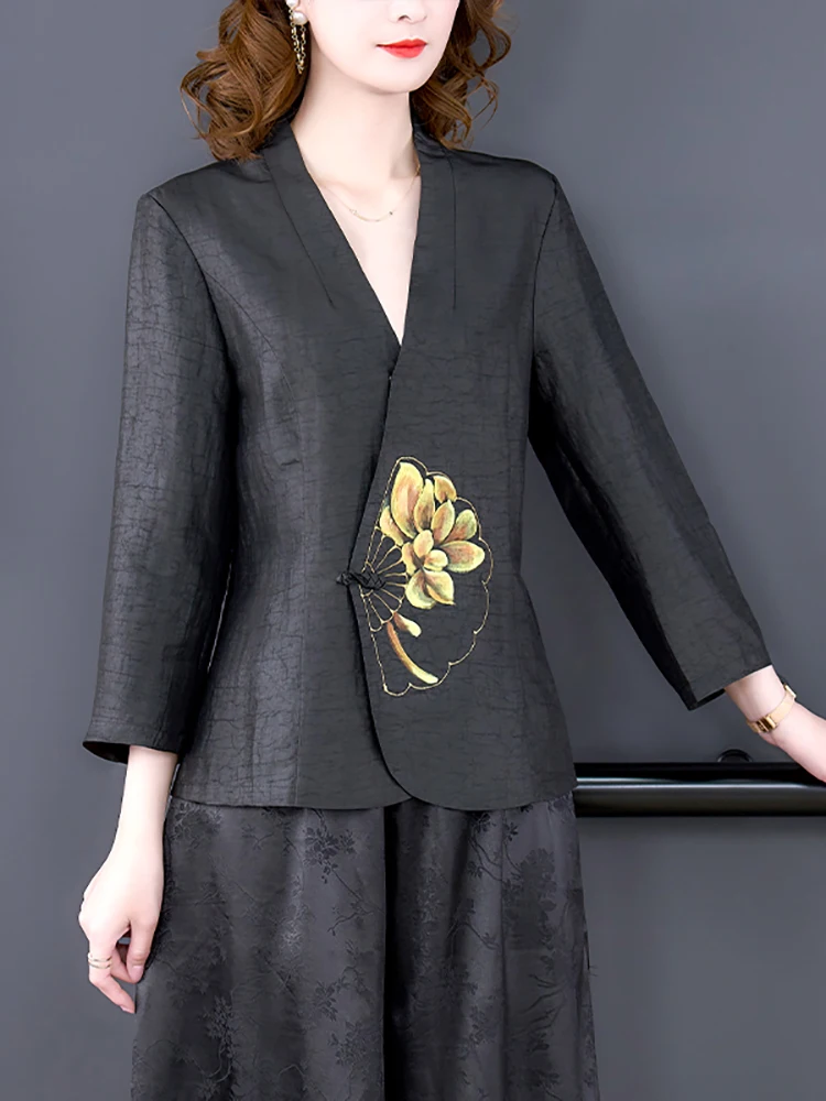 2024 Autumn Black Silk Elegant Two Piece Sets Women Long Sleeve Floral V-Neck Blouses+Jacquard Wide Leg Pants Two Piece Suits