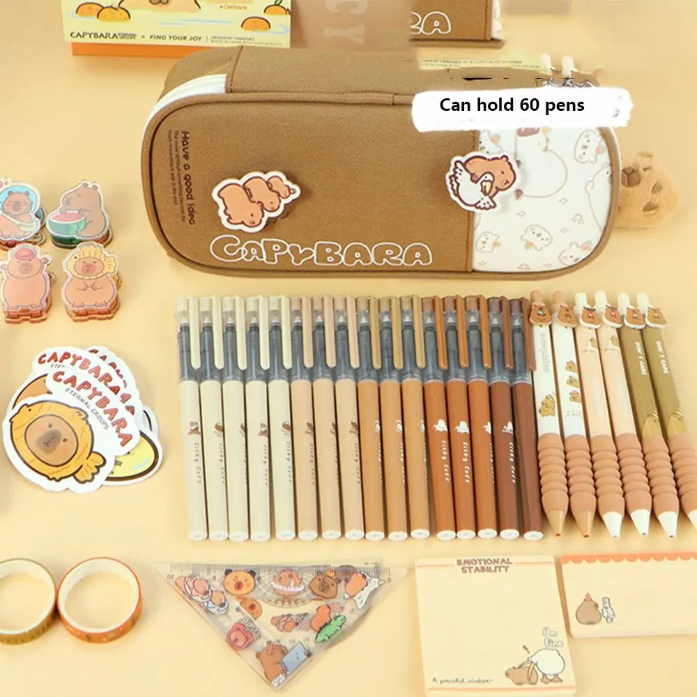 

Милая вместительная сумка для ручек с капибарой, прочная на молнии, пенал для канцелярских принадлежностей, коробка для хранения, мультяшный пенал с капибарой для офиса