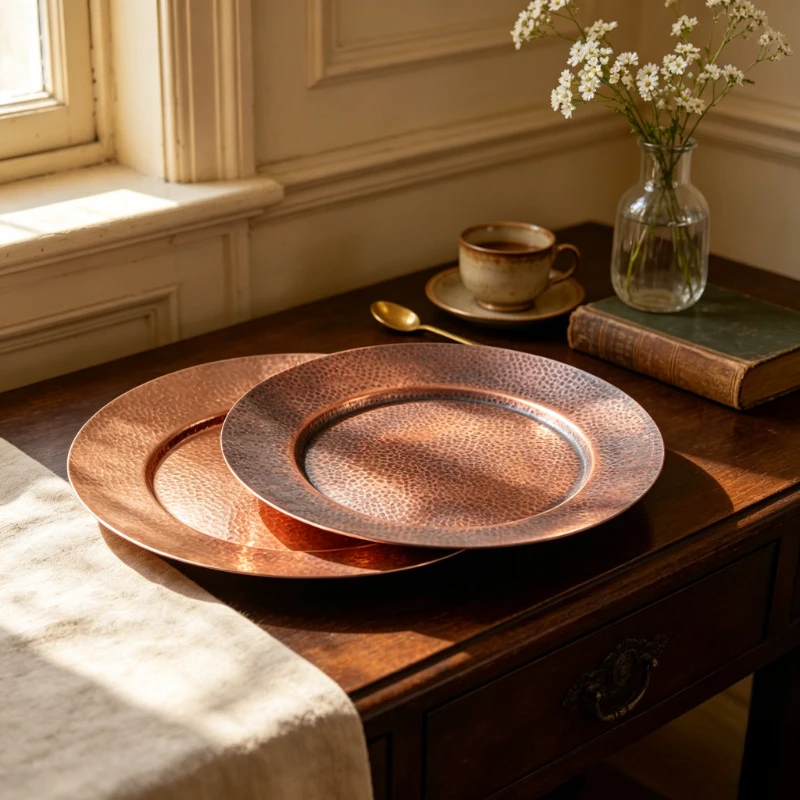 Copper Plate Thickened Heavy Duty Round Serving Dish for Kitchen Dining Table Spice Sauce Condiment Tray Handmade Rustic Gift
