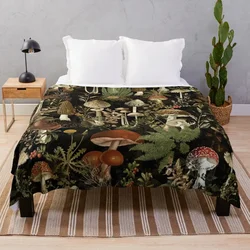 Vintage Mushrooms Forest Botanical Pattern - Black Throw Blanket Sofas Cute Plaid Fluffy Shaggy Hairys Soft Plaid Blankets