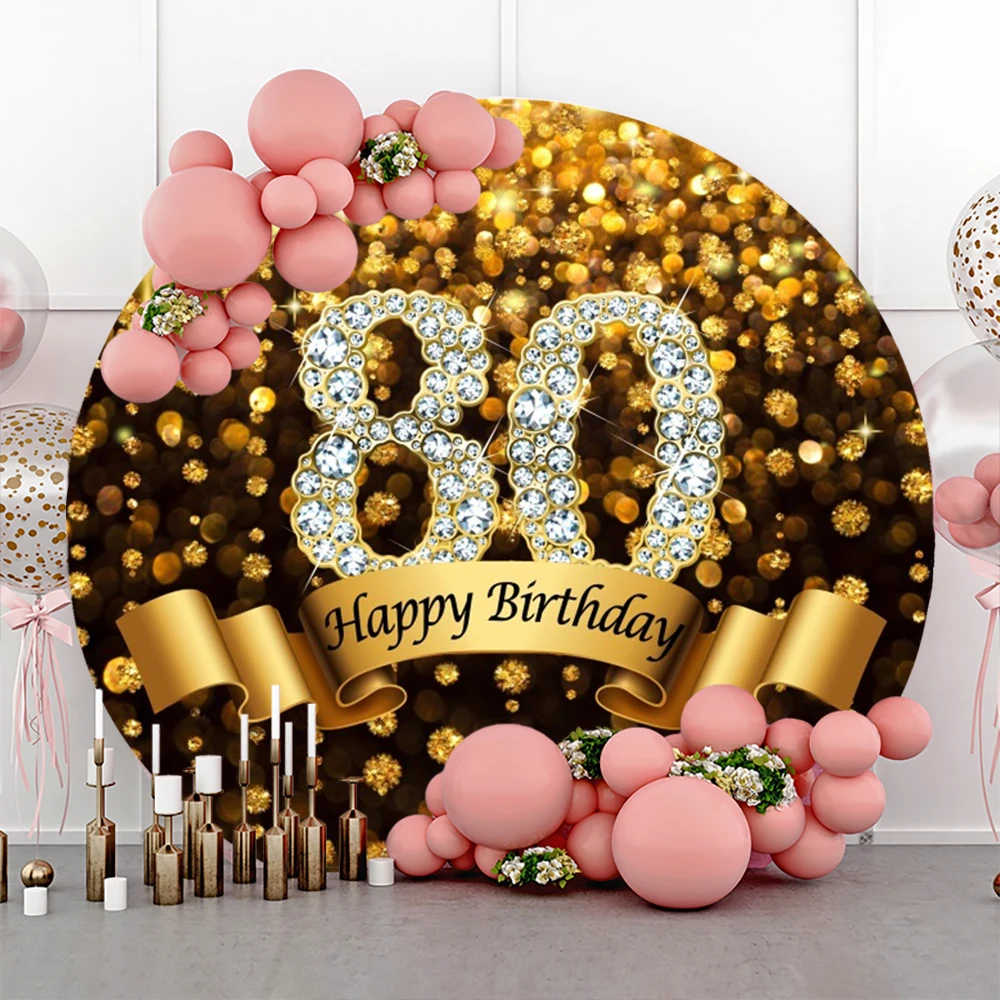 80th Birthday Round Backdrop for Woman Man 80 Years Anniversary Party Gold Glitters Decorations Circle Elastic Photo Background