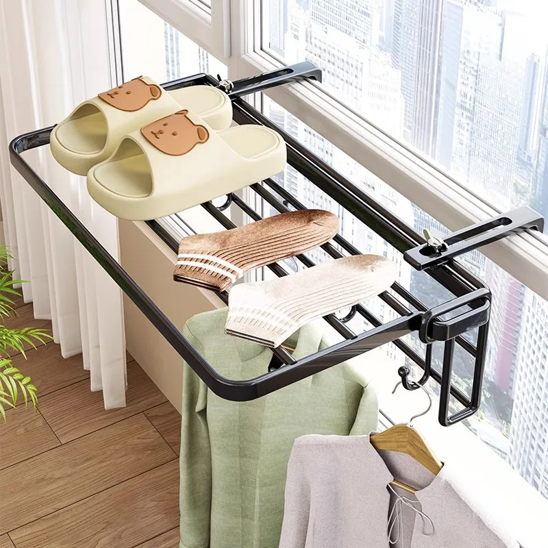 

Free Installation Balcony Clothes Drying Rack Window Drying Pole Windowsill Indoor Folding Shoe Racks Hollow Drainage Shelf