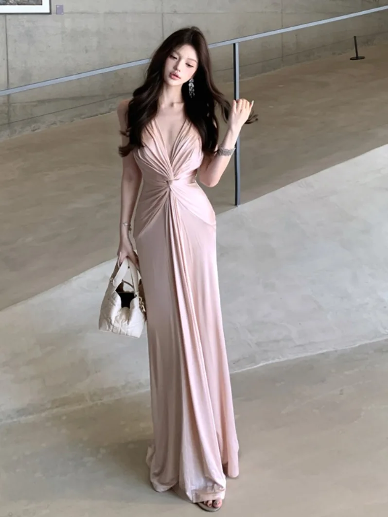 

Сексуальное платье с глубоким v-образным вырезом и узлом, женское дизайнерское женское облегающее платье, длинное вечернее платье Ele, повседневное, весна-осень