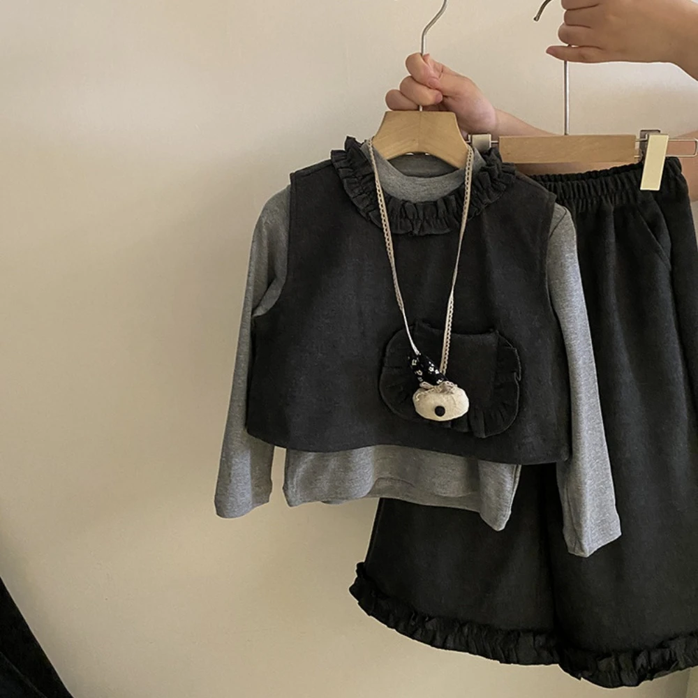 Bär Führer Mode Grau Kinder Kleidung Mädchen Koreanische Version Langarm Basis Shirt + Weste + Hosen 3 Stücke Herbst kinder Sets – Detail 4
