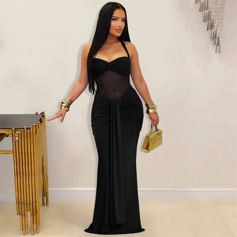 Sexy Halter Strapless Bodycon Maxi Dress Woman Elegant Sheer Mesh Patchwork Draped Ruched Midnight Club Party Evening Dresses